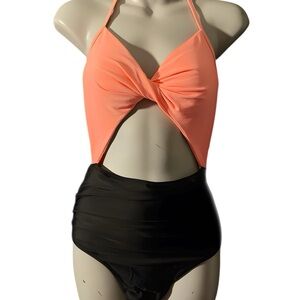 Women's Halter Twist Front CUPSHE Swimsuit - Orange and Black